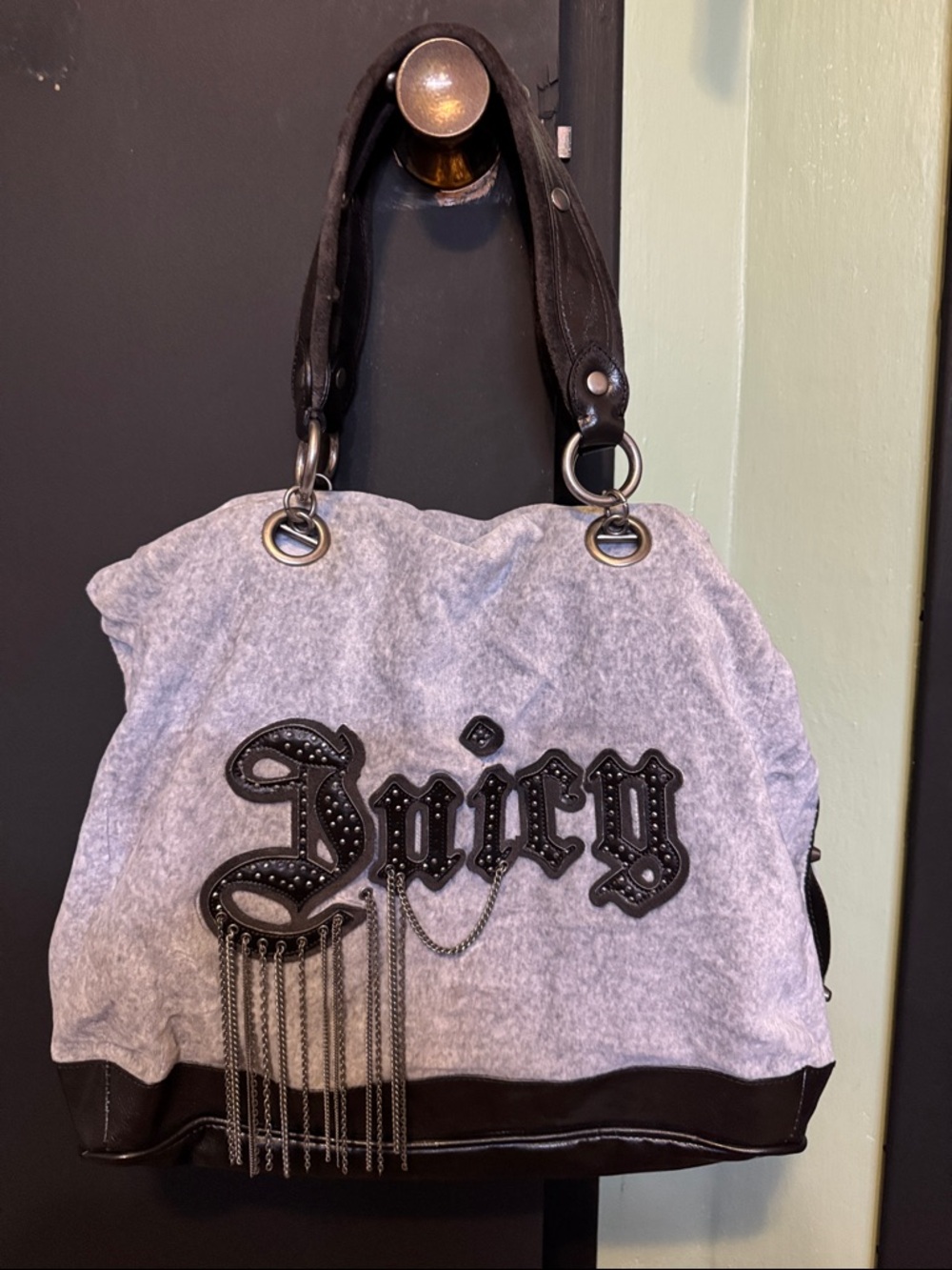 Juicy Couture Grey and Black Logo Fringe Tote